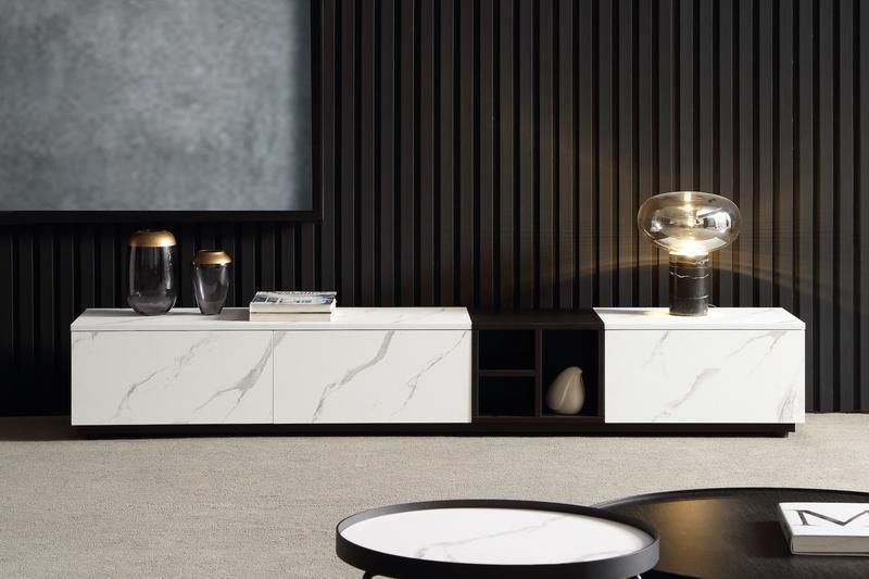 Modern White and Black Marble Pattern Melamine Board and Solid Wood TV Table