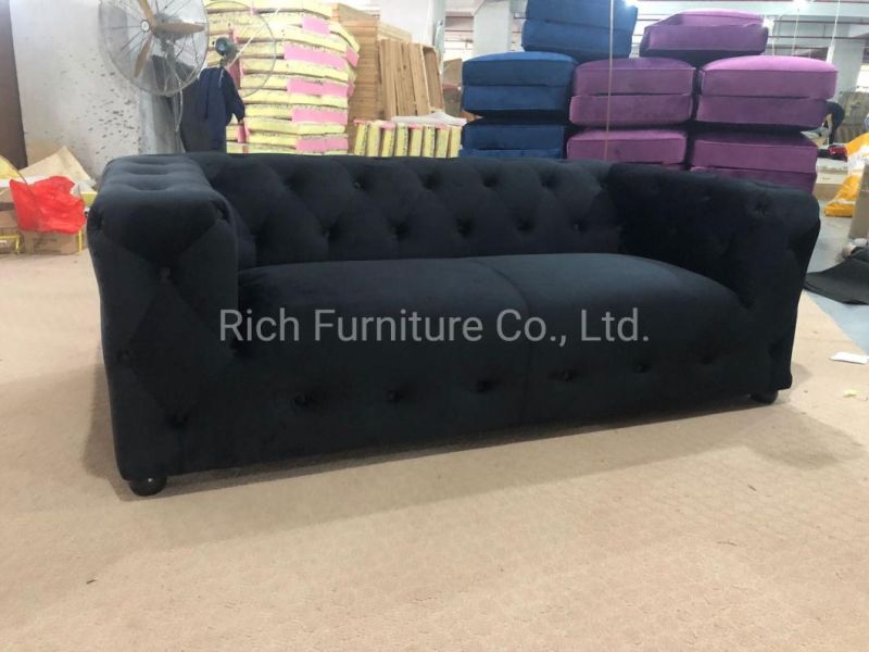 Living Room Furniture Black Velvet Fabric Plush Tufted Leisure Chesterfiled Sofa Couch Bench