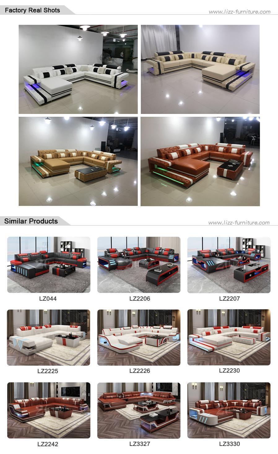 European Modern Genuine Leather Functional Home Office Sofa Set with LED Lights Leisure Living Room Furniture