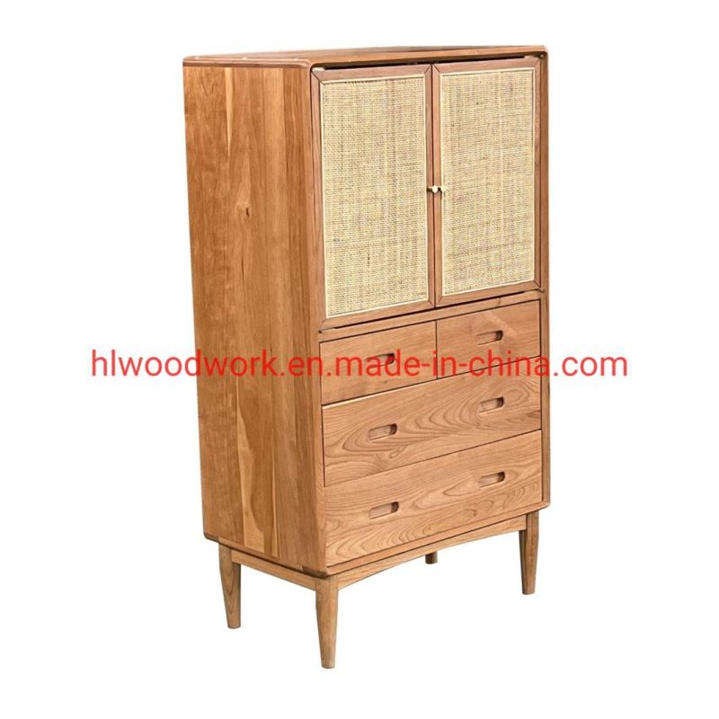 Oak Wood Cabinets with Rattan Door Natural Color Living Room Cabinets