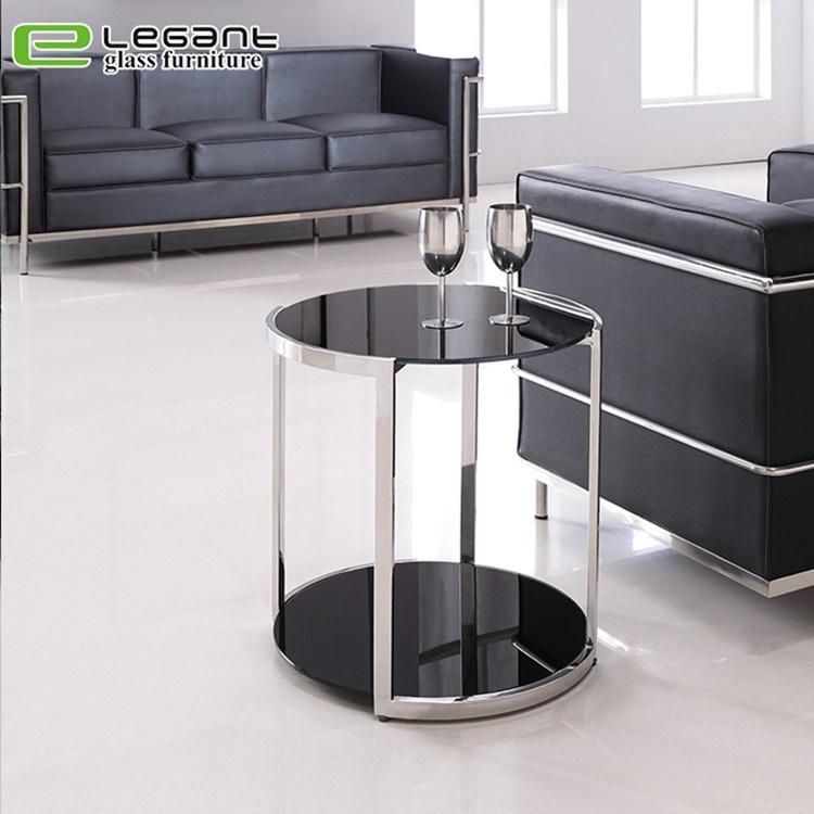 Black Tempered Glass Round Side Table with Stainless Steel Frame