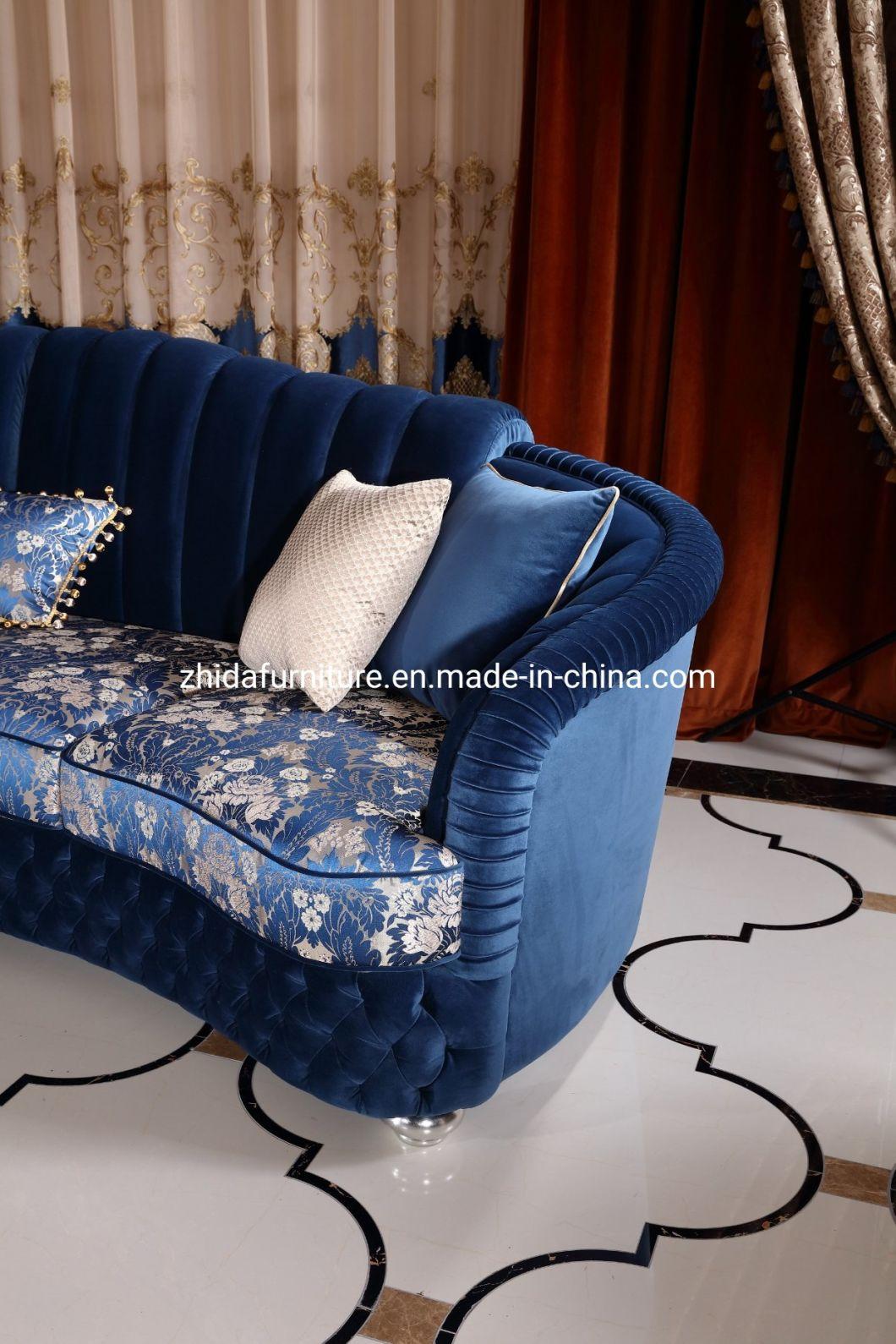 Luxury Big Size Living Room Furniture Navy Blue Velvet Villa Sofa