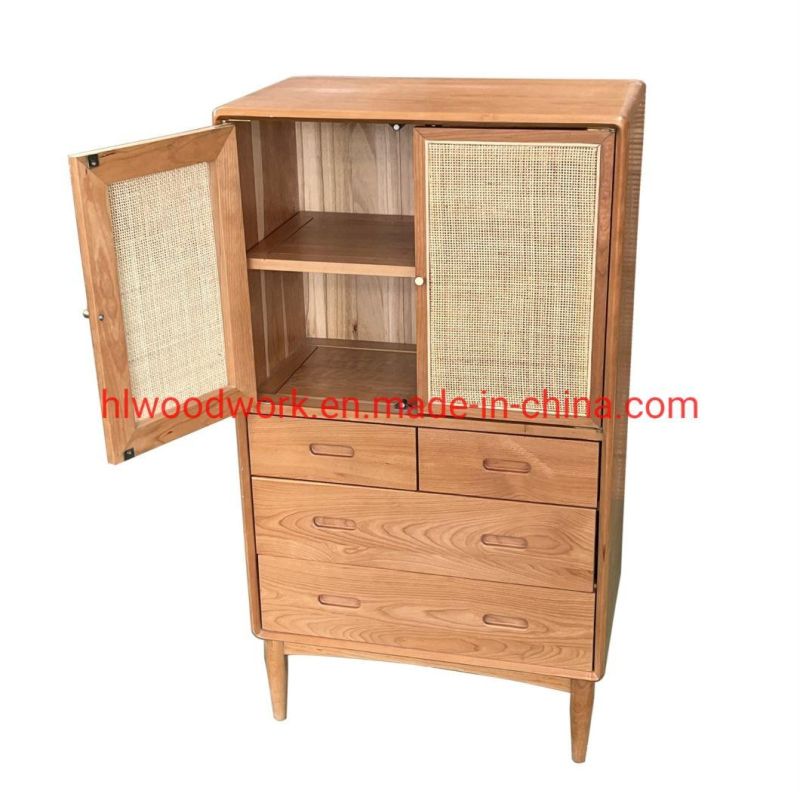 Oak Wood Cabinets with Rattan Door Natural Color Dining Room Side Cabinet