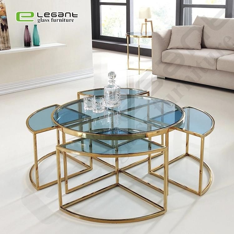 6mm Blue Tempered Round Glass Nesting Table / Side Table