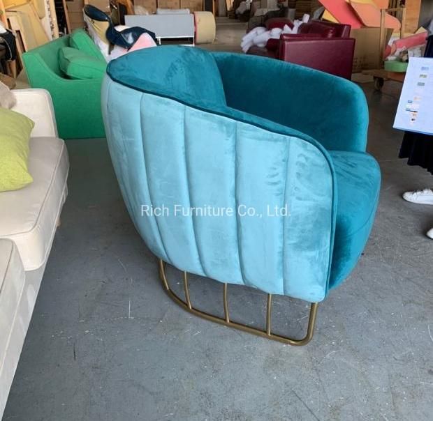 Leisure Hotel Event Home Furniture Modern Gold Metal Frame Arm Chair Blue Fabric Velvet Accent Chair