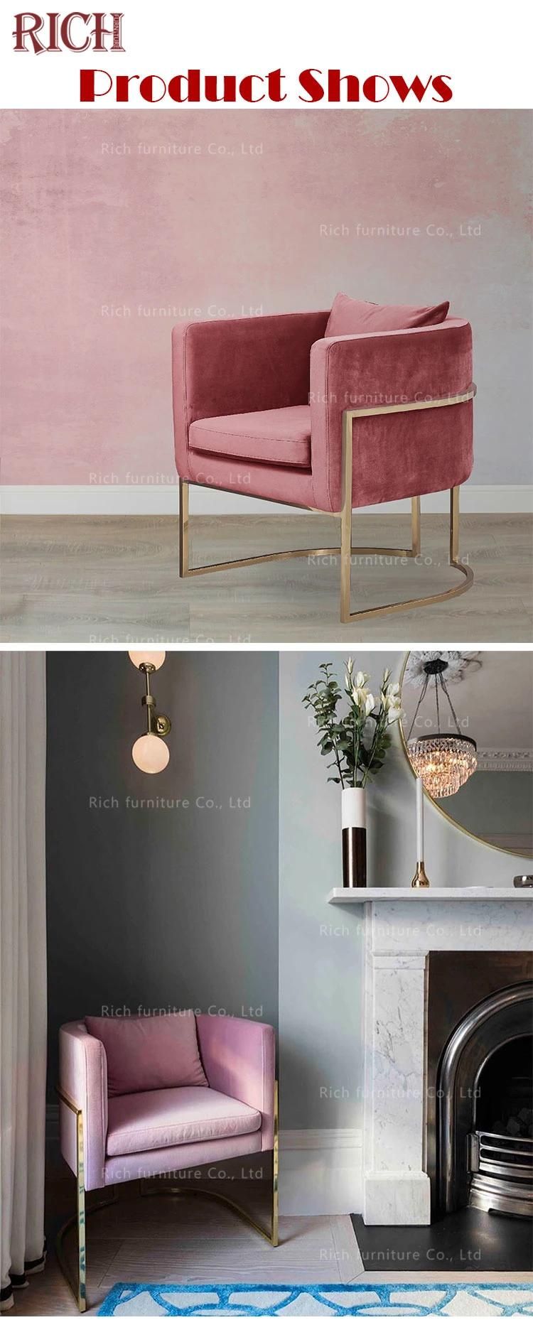 Pink Velvet Single Sofa Chair Golden Metal Frame Accent Chair for Home