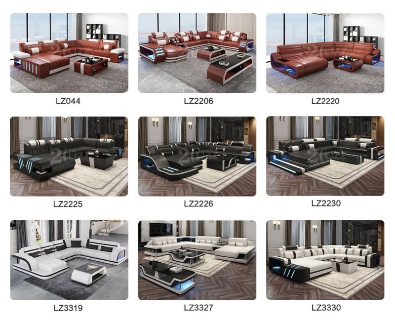 New Arrivals European Style Corner U Shape Home Furniture Set Functional LED Genuine Leather Sofa Bed with Coffee Table