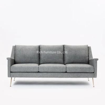 Furniture Factory Direct Gray Fabric Linen Settee Living Room Used Metal Legs 3 Seater Sofa