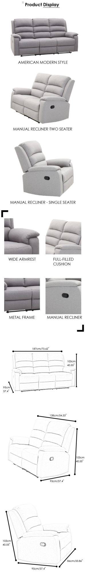 Sofa Factory Customized Living Room Furniture Fabric Leahter Recliner Sofa