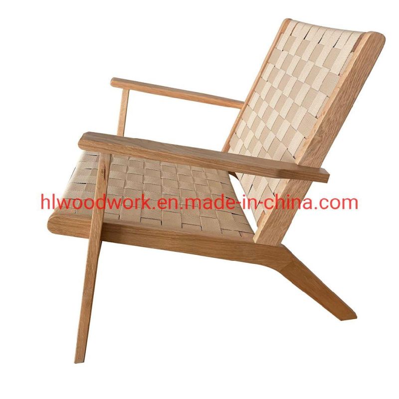 Saddle Chair Fabric Strip Woven with Arm, Ash Wood Frame Natural Color with Woven Fabric Strip Living Room Chair Living Room Armchair Leisure Chair