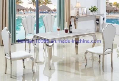 Rectangle Stainless Steel Mirror Marble Top Wedding Table with Four Living Room Chairs