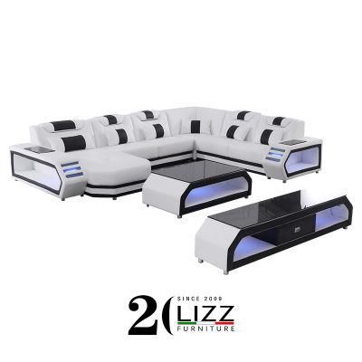 Modern Style Home Living Room Furniture Set Sectional Corner LED White Leather Sofa