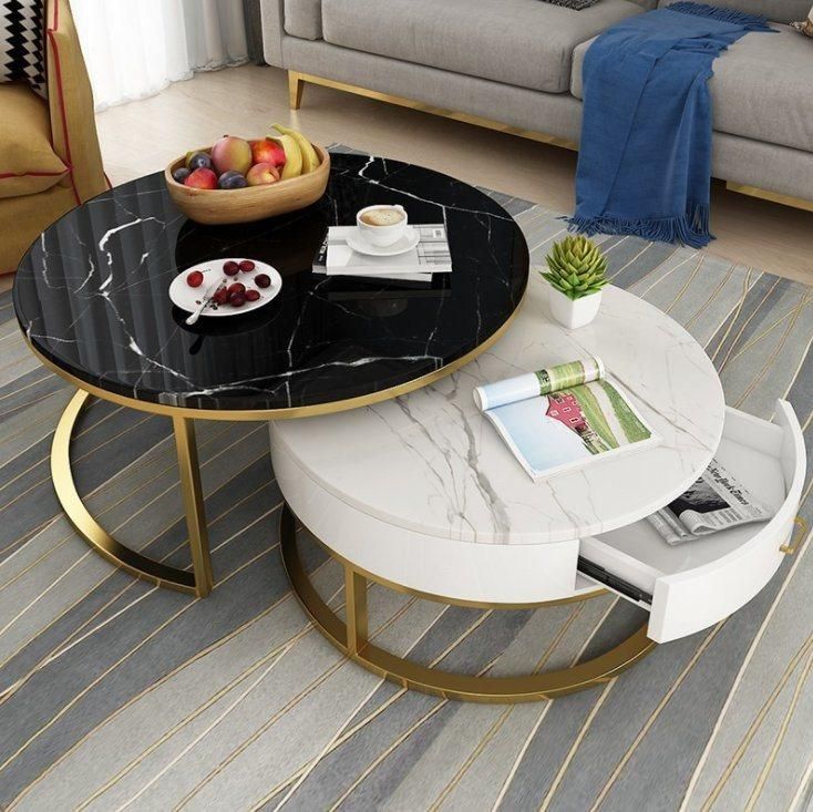 Luxury Round Coffee Table Sets Living Room Stainless Steel Furniture Marble Side Table