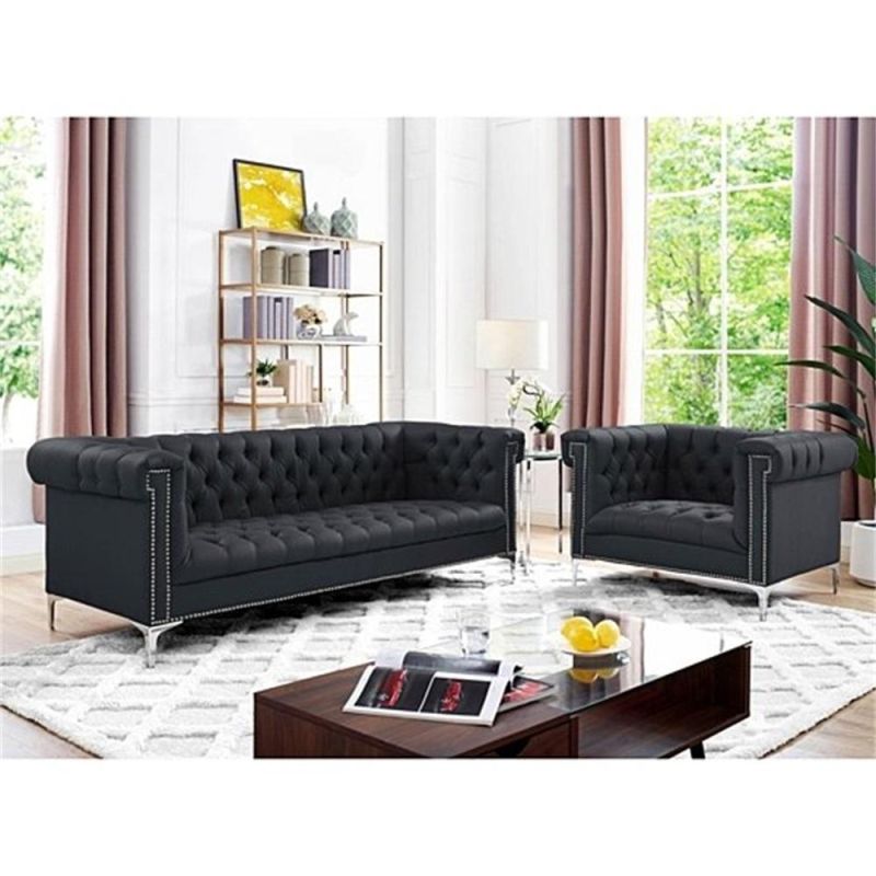 America Antique Living Room Black Leather One Seat Couch Chesterfield Single Sofa