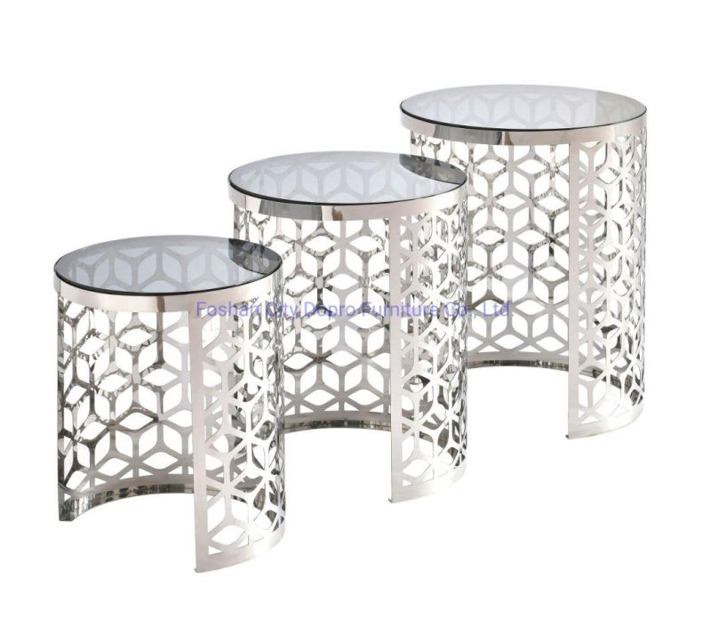 Popular Side Table Nest Silver Stainless Steel Glass Top