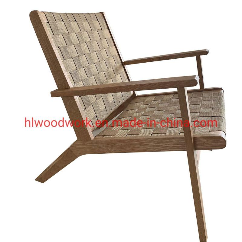 Saddle Chair Fabric Strip Woven with Arm, Ash Wood Frame Brown Color, Fabric Strip Woven, Living Room Chair Living Room Sofa