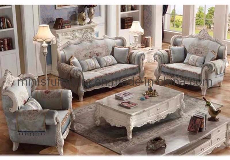 (MN-SF79) French Classic Home Living Room/Hotel Lounge Furniture Wood Fabric Sofa Set