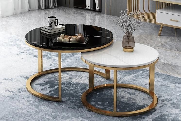 Black Metal Round Marble Nesting Coffee Table with Drawer