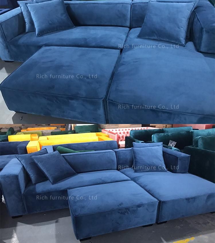 Blue Fabric Velvet Right Chaise Lounge L Shaped Modular Sofa