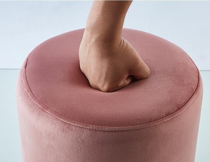 Wholesale Hot Sale Nordic Modern Pink Velvet Fabric Foam Ottoman Gold Bottom Stool for Sofa