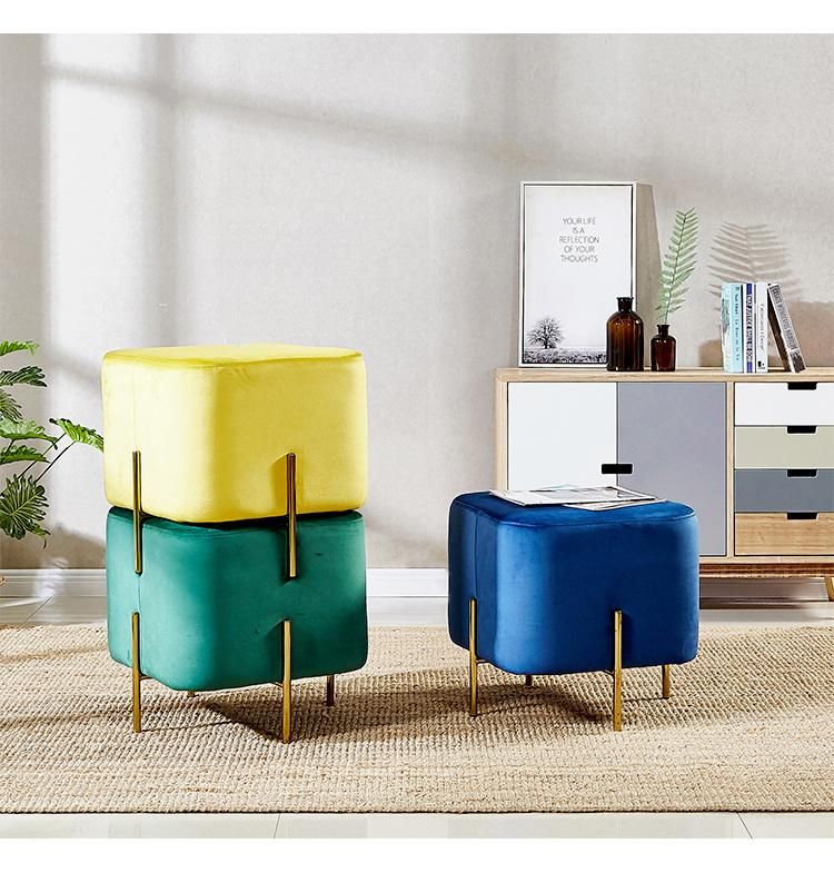 Square Leisure Style Pouf Sofa Side Stools Living Room Home Fabric Stool with Gold Metal Leg