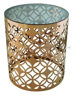 Gold Vintage Pattern Stainless Steel Laser Side Table with Glass Top Fa07