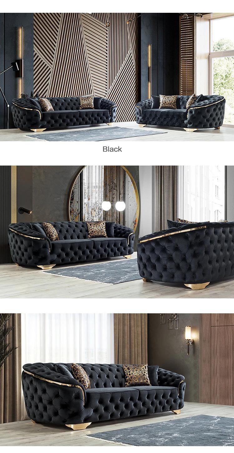 Linsy Living Room Furniture Black Velvet 3 4 Seat Fabric Chesterfield Sofa Rbj8K