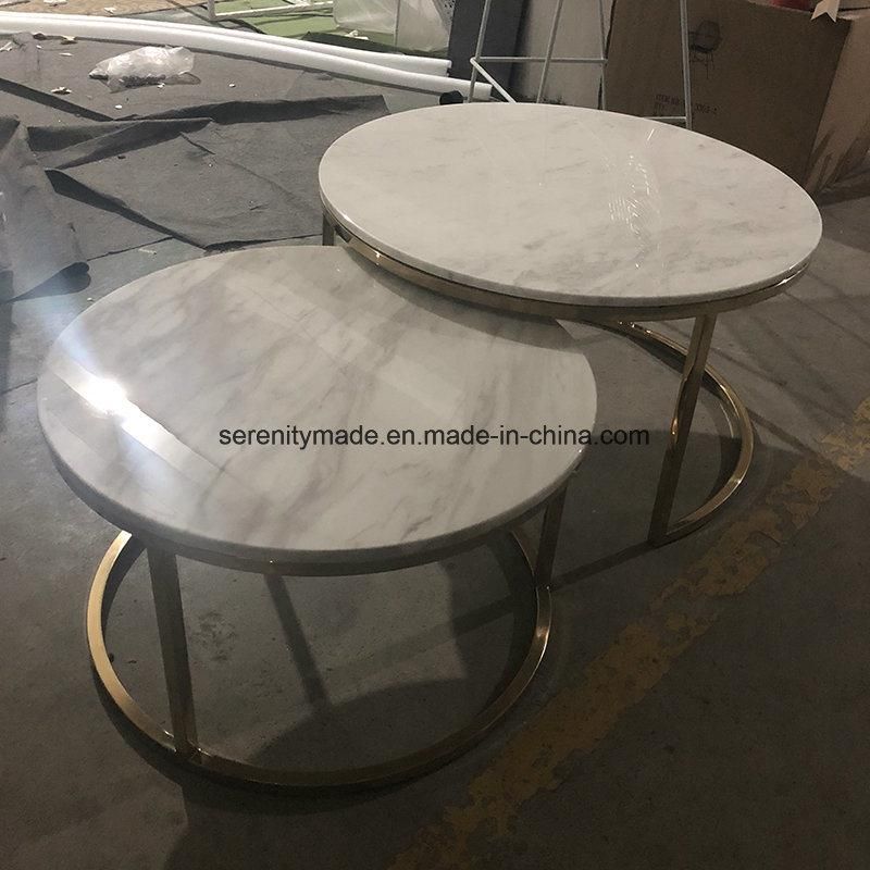 Modern Furniture Metal Marble 2 Piece Nest Round Table Coffee Table Set