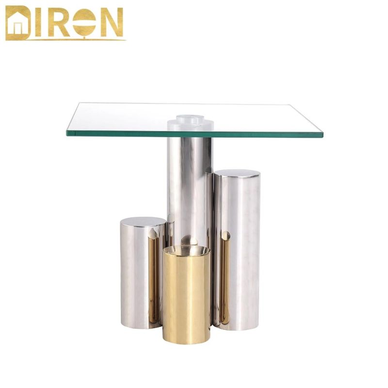 Tempered Glass Surface Side Coffee Table with Stainless Steel Leg Frame