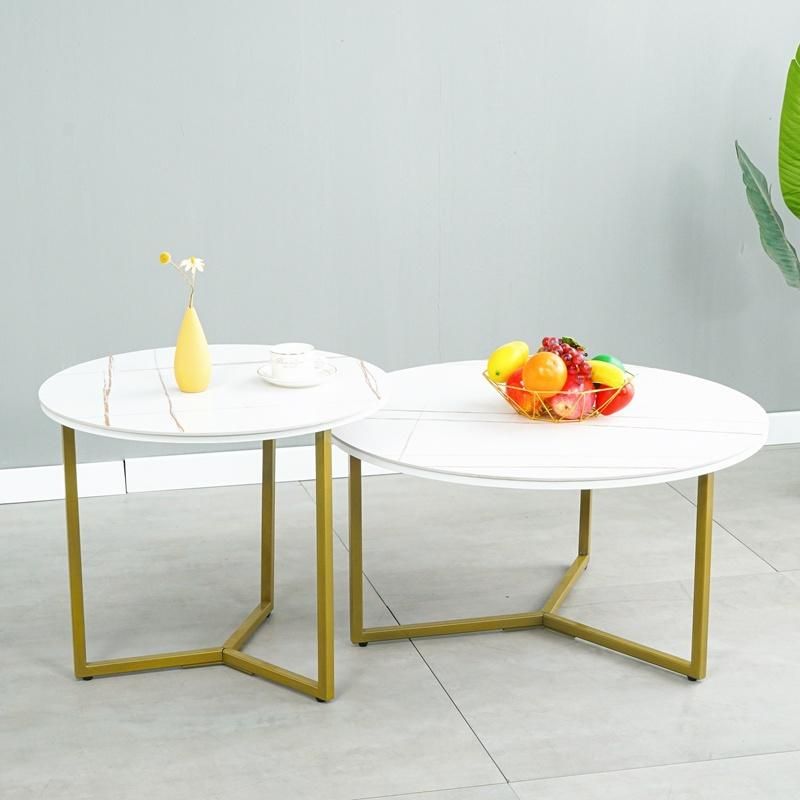 Modern Living Room Nesting Round End Side Tea Gold Legs White Marble Coffee Table Set