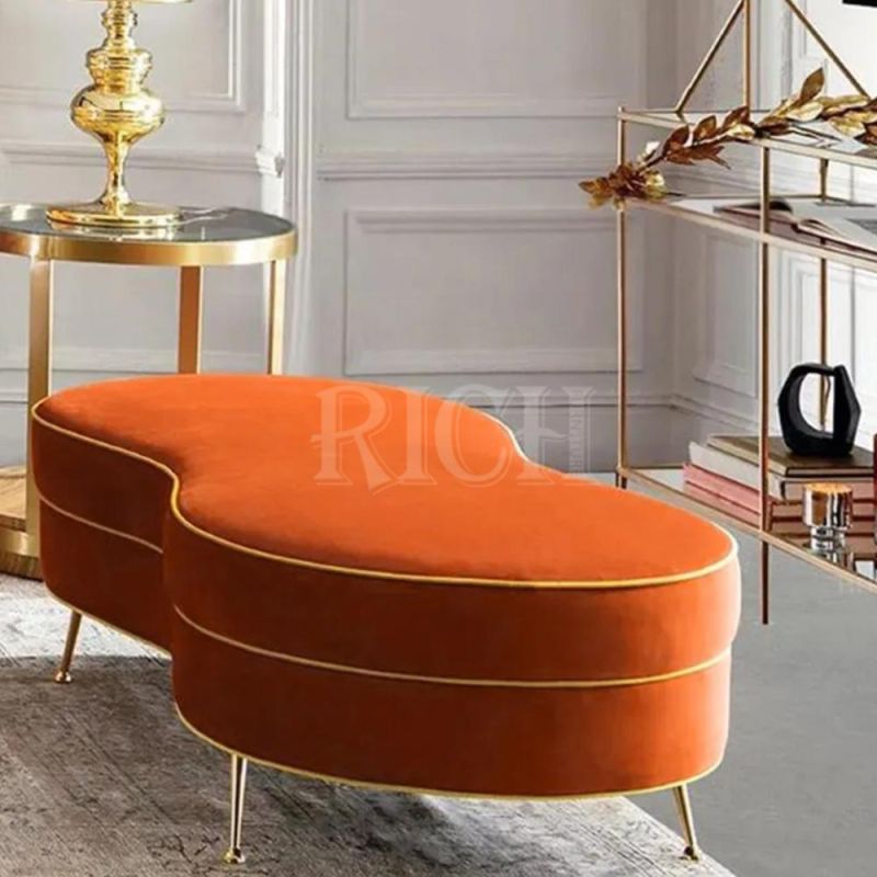 Orange Ottoman Upholstered Luxury Sofa Bench Gold Legs Entrance Stool Velvet Bench