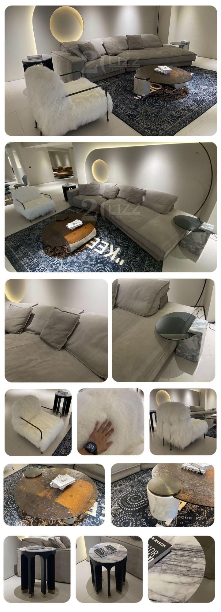 Unique Design Modern Leisure Fabric Sofa with Coffee Table & Side Table Living Room Furniture