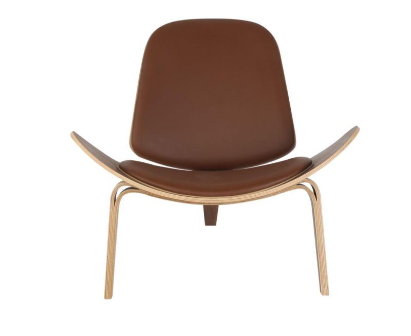 Modern Nordic Three Legs Shell Chair Natural Leather Bentwood Plywood Dining Living Room Leisure Lounge Chair