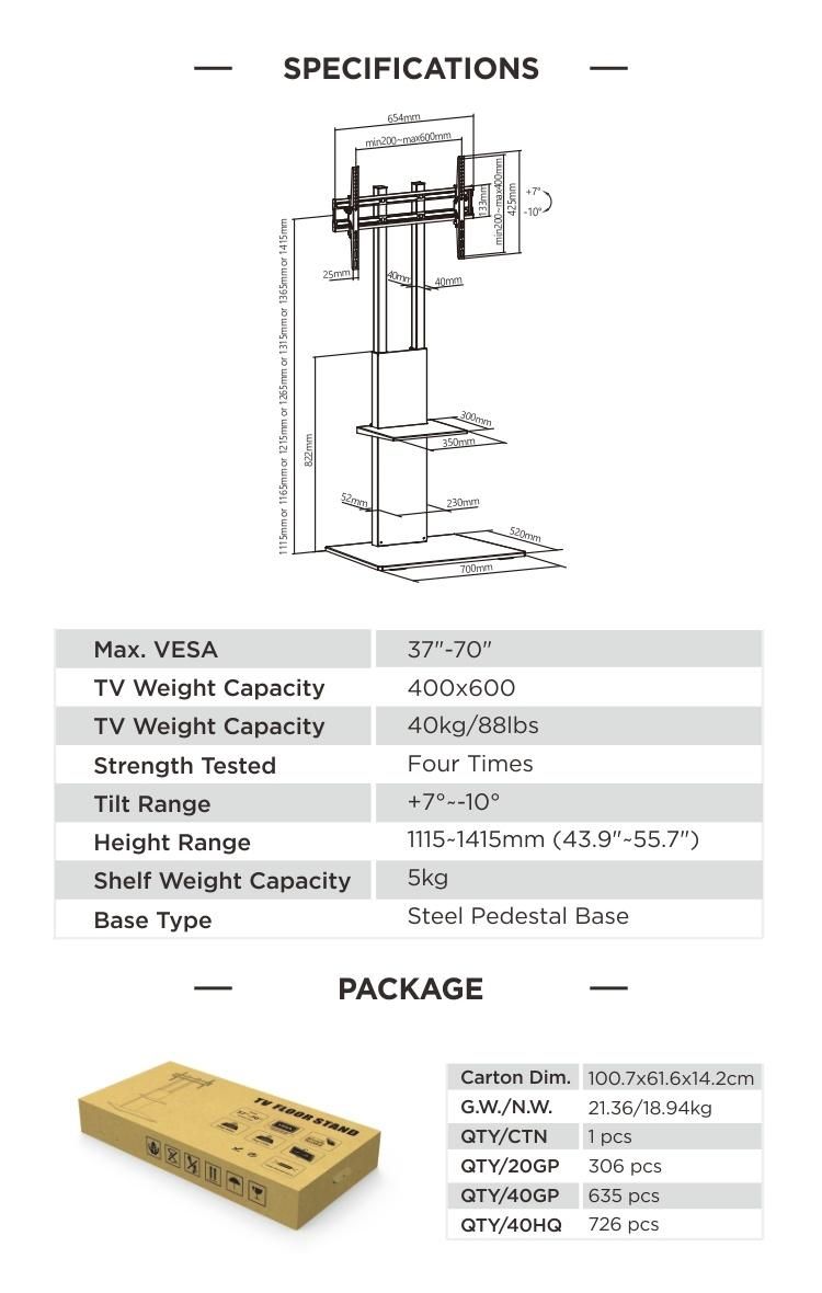 Modern Slim TV Floor Stand with Equipment Shelf