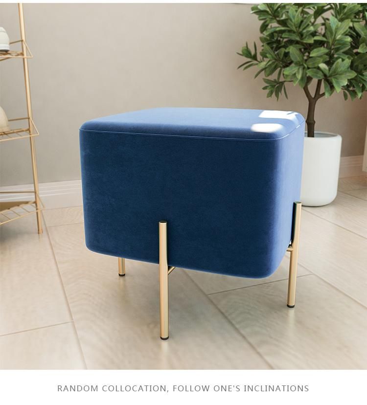 Square Leisure Style Pouf Sofa Side Stools Living Room Home Fabric Stool with Gold Metal Leg