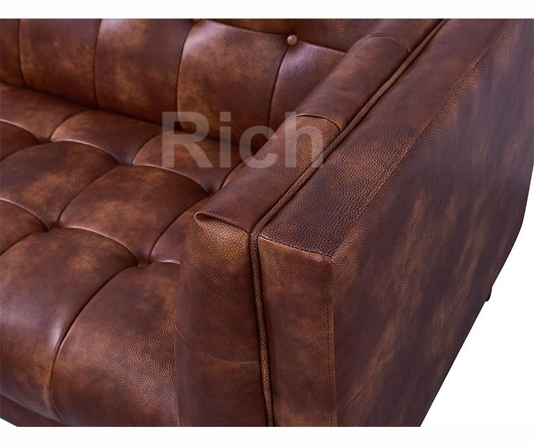 Modern Lounge Design Furniture Vintage Brown Leather Loveseat Couch Living Room Wooden Sofa