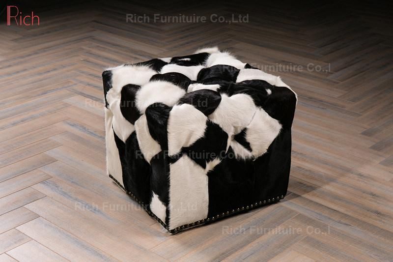 Storage Ottoman Cowhide Stool with Copper Studs Around