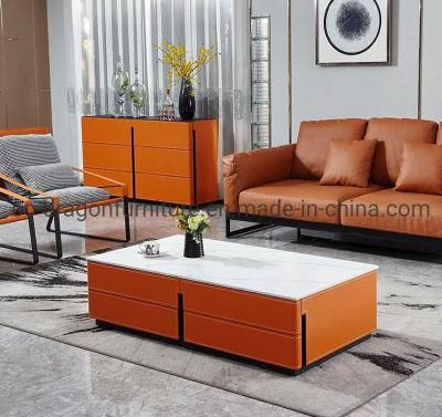 Luxury Living Room Furniture Leather Tea Table with Marble Top