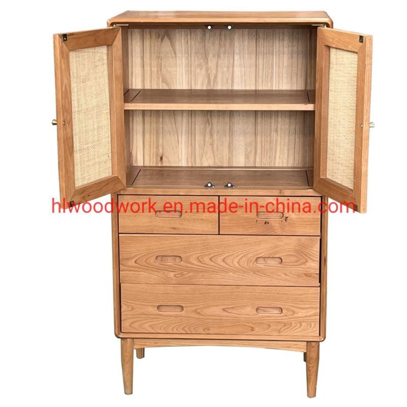 Oak Wood Cabinets with Rattan Door Natural Color Dining Room Side Cabinet