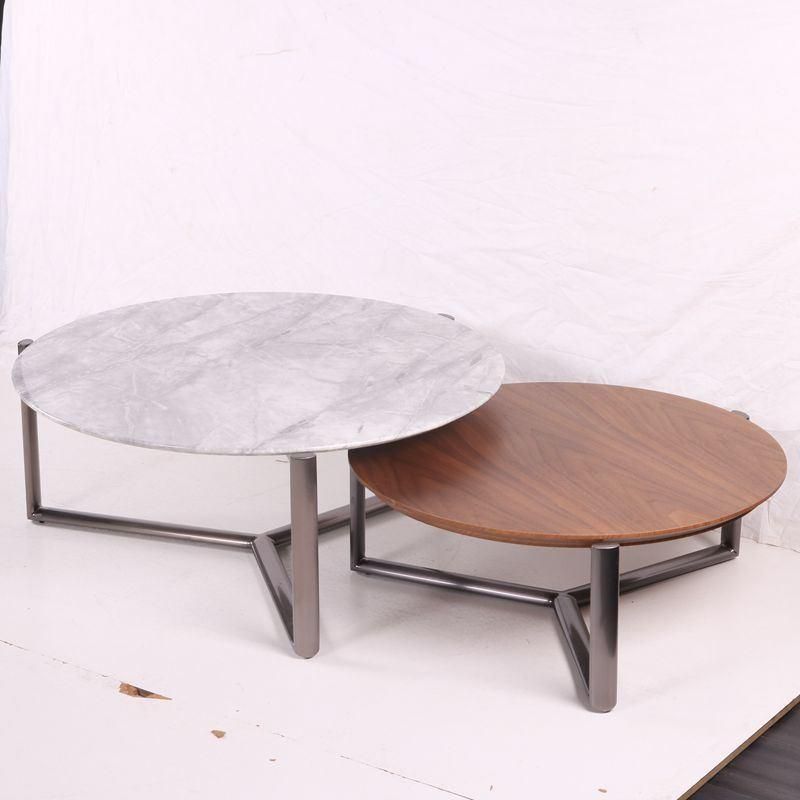 Modern Metal Home Furniture Wooden Round Coffee Table Set with Marble Top for Living Room