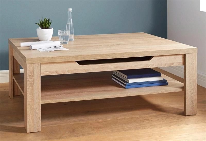 Rectangular Two-Layer Wooden Coffee Table with a Drawer