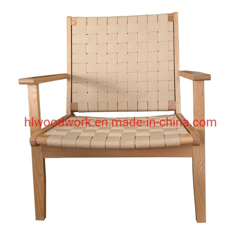 Saddle Chair Fabric Strip Woven with Arm, Ash Wood Frame Brown Color, Fabric Strip Woven, Living Room Chair Living Room Sofa