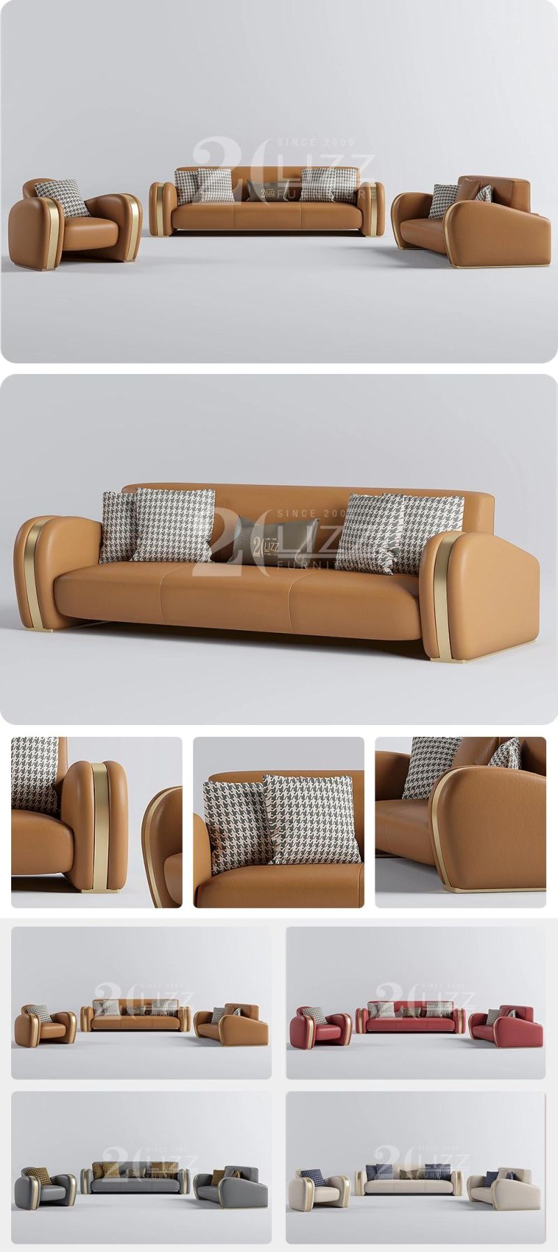 Professional European High Quality Hotel Home Furniture Italian Style Living Room Luxury Yellow Genuine Leather Sofa