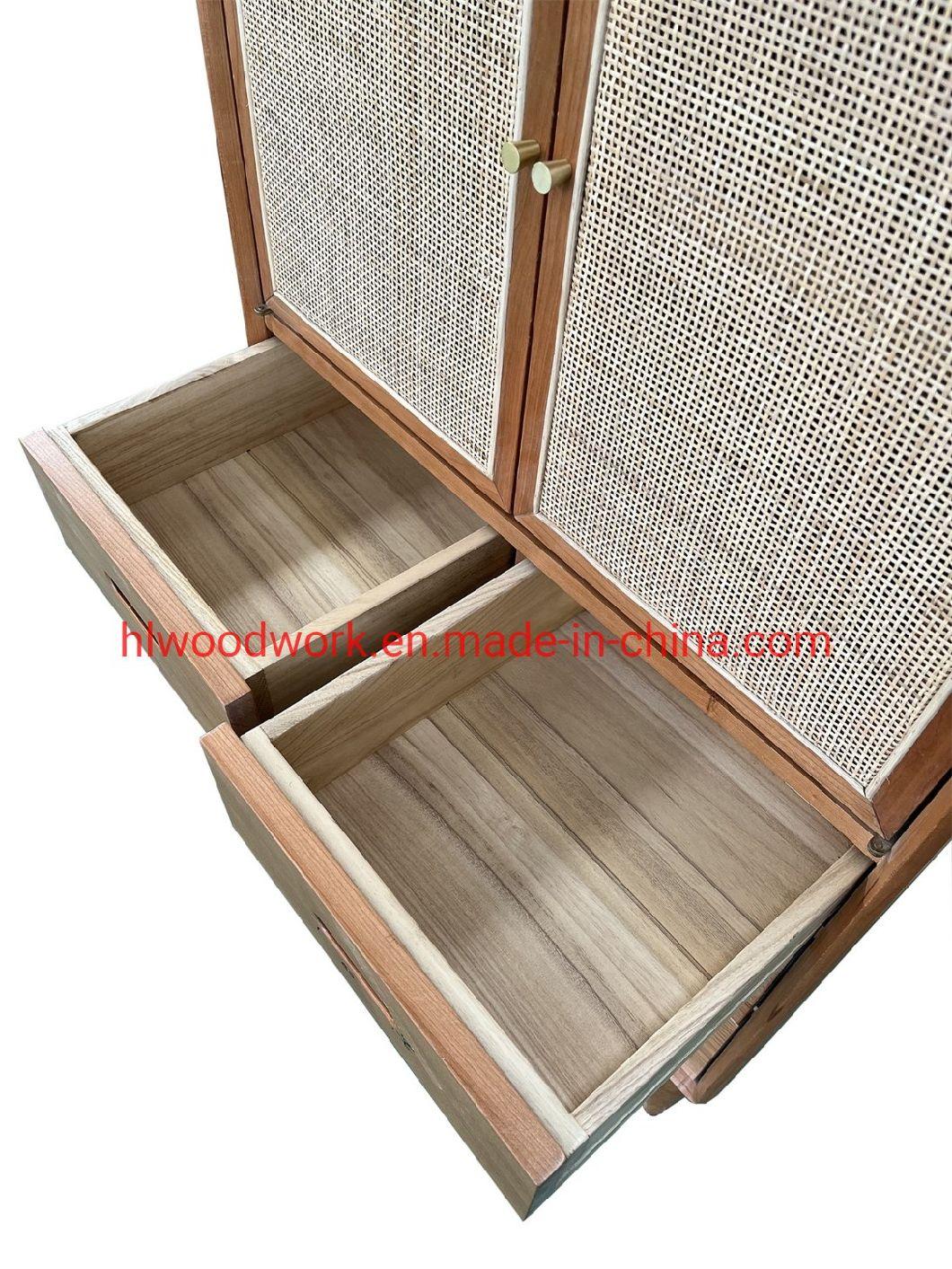 Oak Wood Cabinets with Rattan Door Natural Color Living Room Cabinets