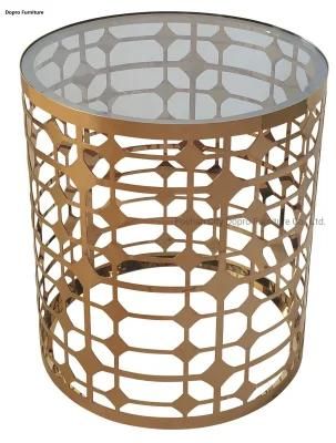 Round Design Stainless Steel Gold Laser Side Table with Glass Top Fa08