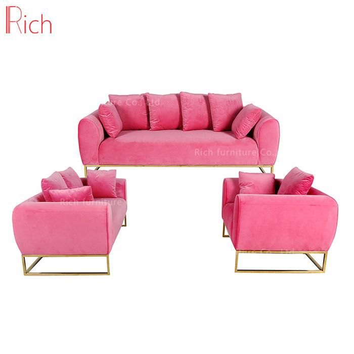 European Modern Home Furniture Living Room Fabric Velvet Sofa Set Leisure Couch Hotel Office Event Salon Armchair Sugar Pink Golden Base Three Seat 1+2+3seat