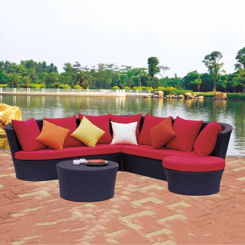 Black Poly Rattan Red Thick Cushion Furniture Sofa Table