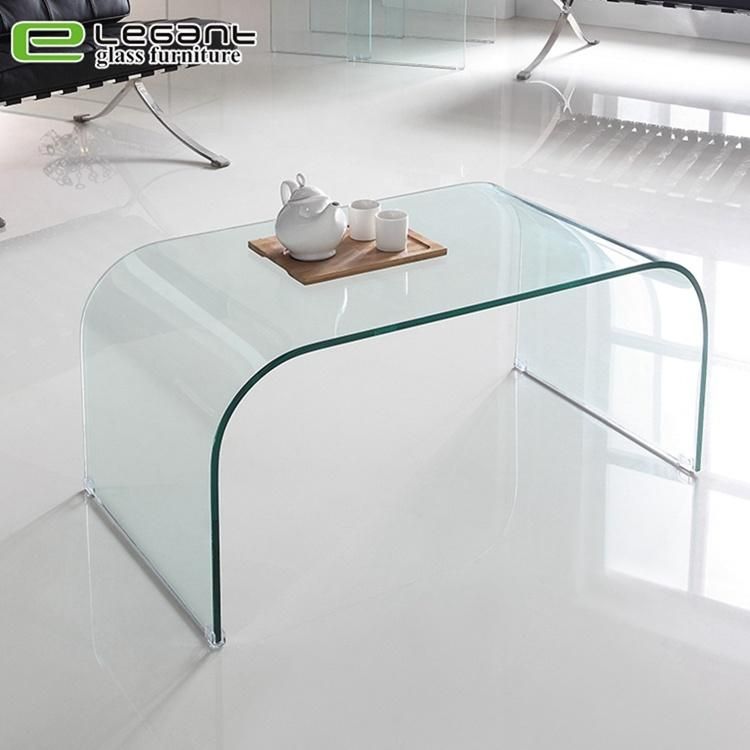 Curved Glass Center Table with Walnut Wood Veneer Base