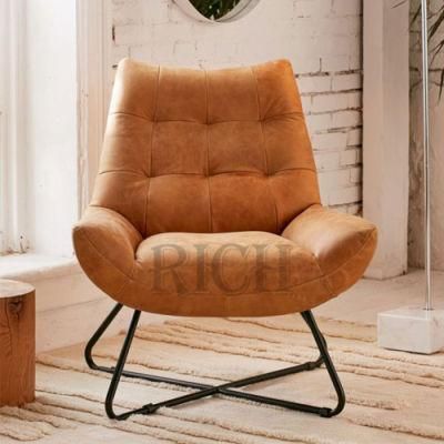 Metal Cross Leg Retro Leather PU Cover Leisure Chair for Living Room Brown Lounge Accent Chair