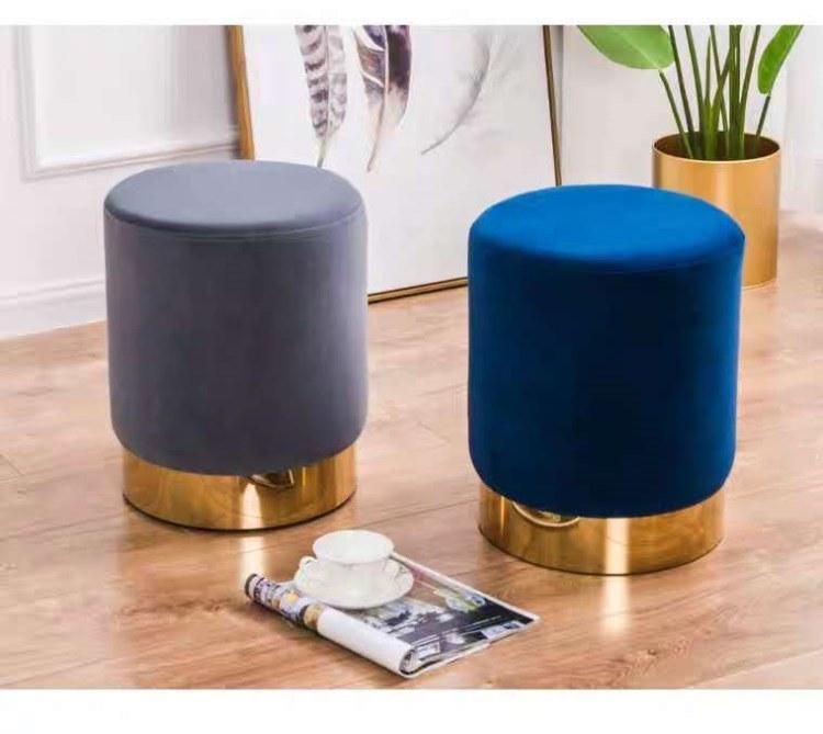 Wholesale Hot Sale Nordic Modern Pink Velvet Fabric Foam Ottoman Gold Bottom Stool for Sofa